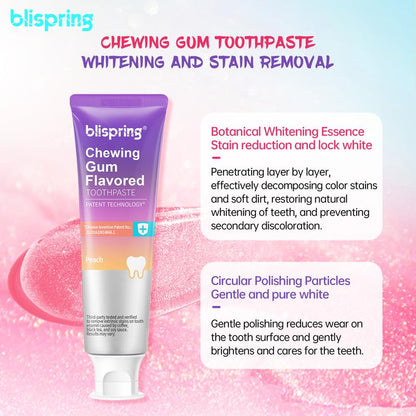 Blispring Peach Chewing Gum Toothpaste - Brightening Oral Care for Sensitive Teeth, Removes Stains & Freshens Breath with a Delicious Peach Flavor