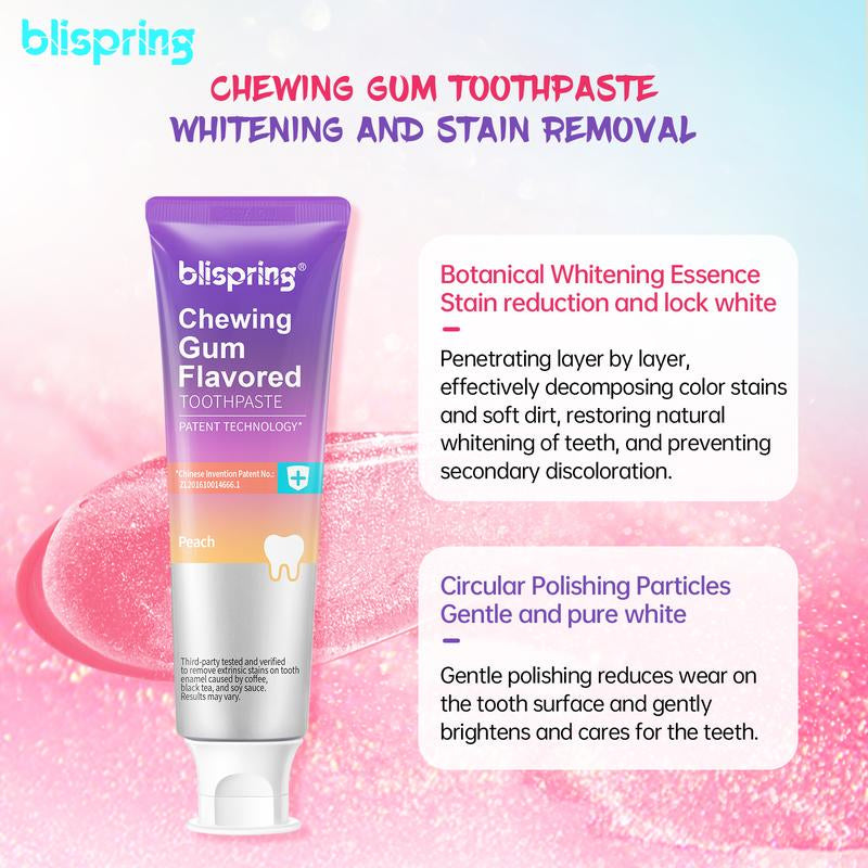 Blispring Peach Chewing Gum Toothpaste - Brightening Oral Care for Sensitive Teeth, Removes Stains & Freshens Breath with a Delicious Peach Flavor