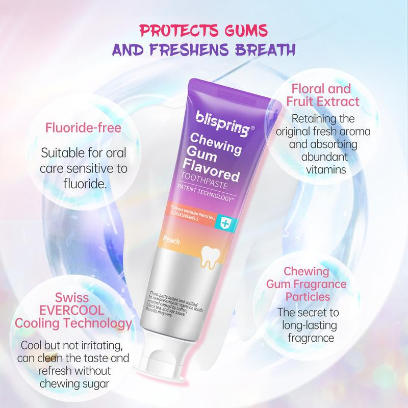 Blispring Peach Chewing Gum Toothpaste - Brightening Oral Care for Sensitive Teeth, Removes Stains & Freshens Breath with a Delicious Peach Flavor