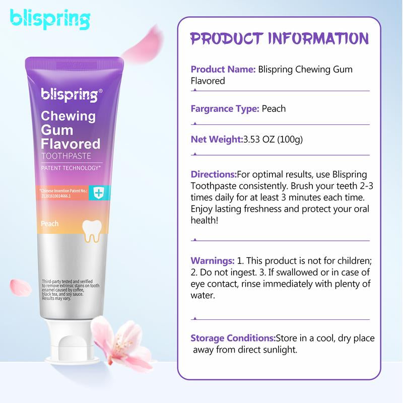 Blispring Peach Chewing Gum Toothpaste - Brightening Oral Care for Sensitive Teeth, Removes Stains & Freshens Breath with a Delicious Peach Flavor