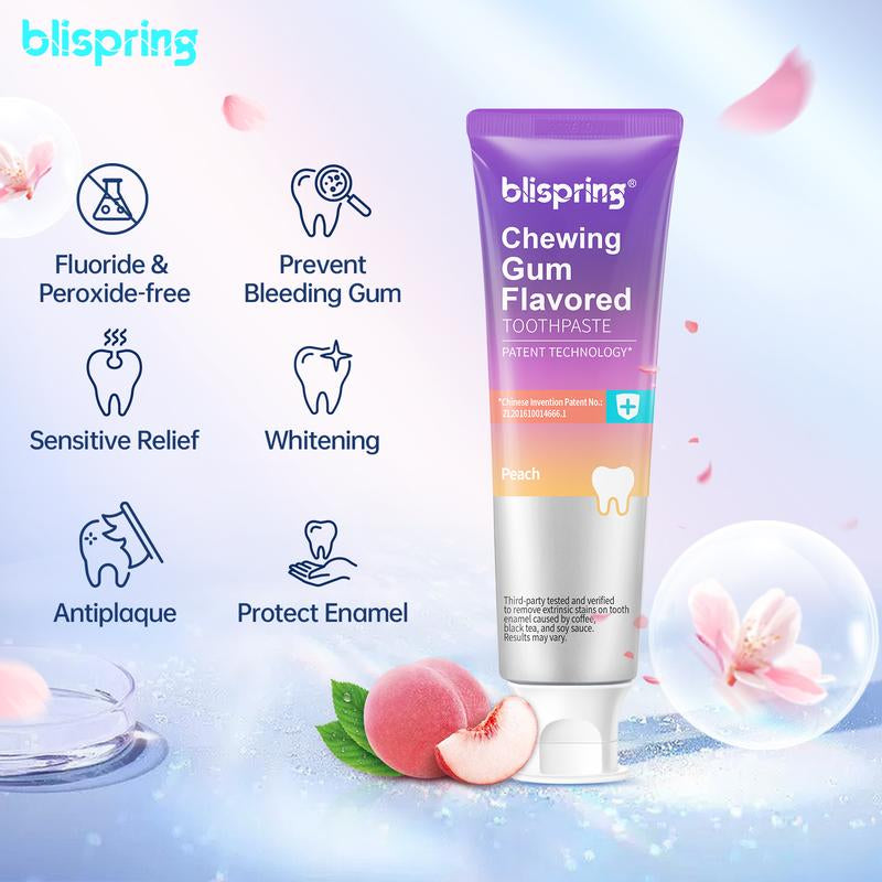 Blispring Peach Chewing Gum Toothpaste - Brightening Oral Care for Sensitive Teeth, Removes Stains & Freshens Breath with a Delicious Peach Flavor