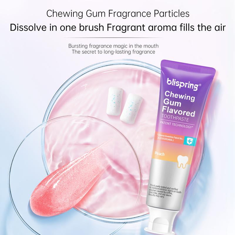 Blispring Peach Chewing Gum Toothpaste - Brightening Oral Care for Sensitive Teeth, Removes Stains & Freshens Breath with a Delicious Peach Flavor